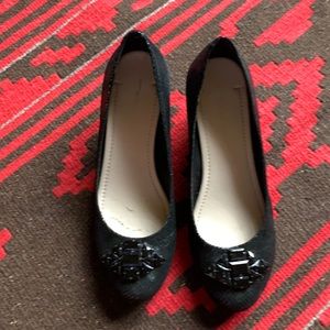 BCBG dressy “Treese” black snake textured wedge